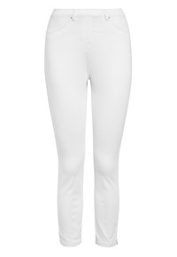 Pantalons blancs ajustés à la cheville avec poches avant, passants de ceinture et fermeture éclair au niveau des chevilles.