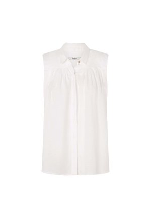 Blusa blanca sin mangas con cuello, pliegues frontales y detalle de botones, hecha de un tejido ligero y texturizado.