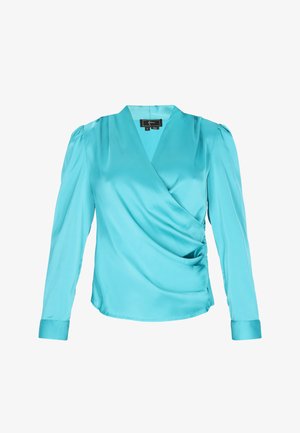 Tyrkysová saténová blouse s dlouhým rukávem, zavinovací s výstřihem do V, jemným nařasením na ramenech a přiléhavými manžetami.
