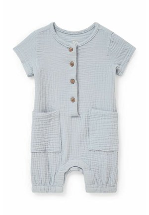 Lyseblå kortærmet nyfødt body med træknapper foran, to store firkantede lommer og tekstureret bomuldsstof.