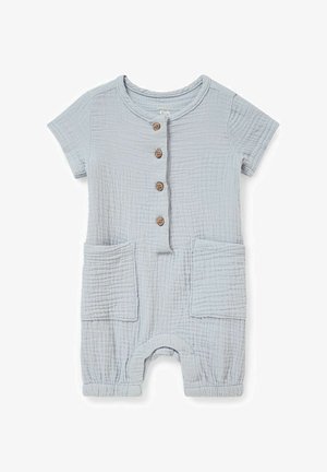Combinaison courte à manches courtes bleu clair pour nouveau-né, avec des boutons en bois à l'avant, deux grandes poches carrées et un tissu en coton texturé.