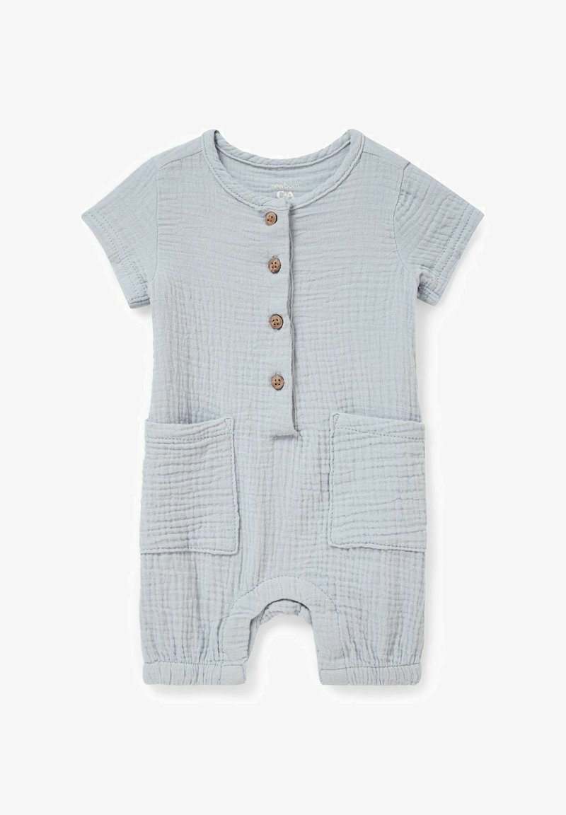 Combinaison courte à manches courtes bleu clair pour nouveau-né, avec des boutons en bois à l'avant, deux grandes poches carrées et un tissu en coton texturé.