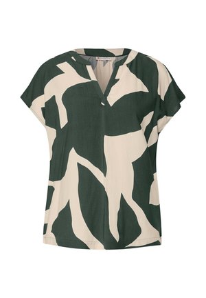 Kurzärmliges Oberteil aus leichtem Stoff, mit einer cremefarbenen Basis und großen grünen abstrakten Blättern sowie einem kleinen V-Ausschnitt.