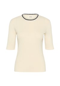 Cremefarvet ribbet kortærmet sweater med sort bølgemønster omkring halsudskæringen og tætsiddende silhuet.