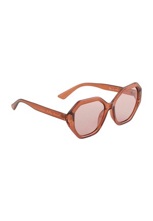 Hexagonal-shaped sunglasses with translucent orange frames and matching tinted lenses.