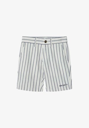 Pantalones cortos blancos con rayas verticales en azul oscuro, con cierre de botón frontal y bolsillos laterales. Logo "HACKETT" bordado en azul.