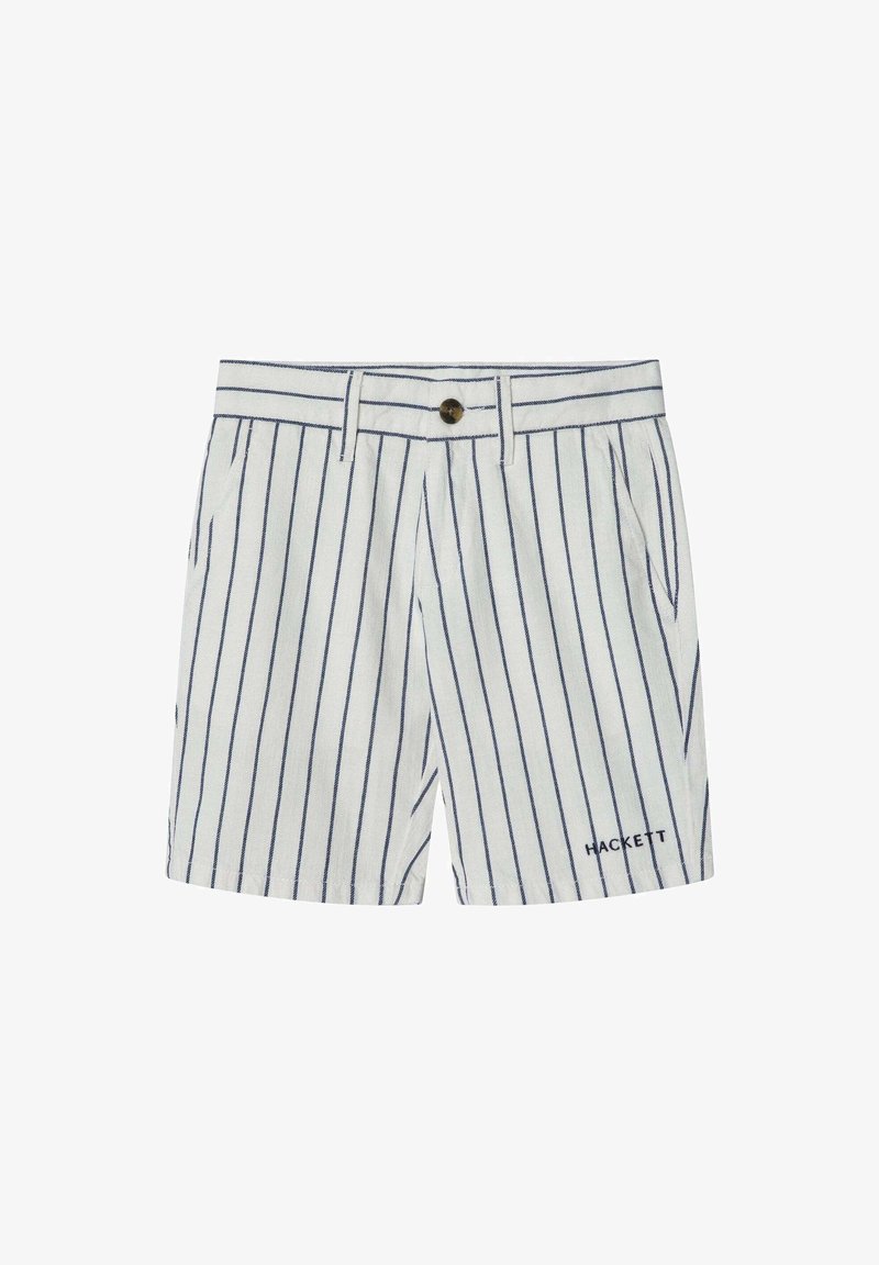 White shorts with dark blue vertical stripes, featuring a front button closure and side pockets. "HACKETT" logo stitched in blue.
