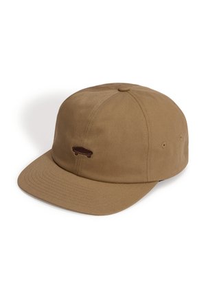 Brown six-panel baseball cap with flat brim and small dark brown skateboard embroidered on front left side.
