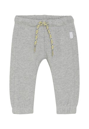Lichtgrijze peuter sweatpants met elastische tailleband en gele trekkoord, elastische boorden en zijzakken.