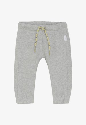 Lichtgrijze peuter sweatpants met elastische tailleband en gele trekkoord, elastische boorden en zijzakken.