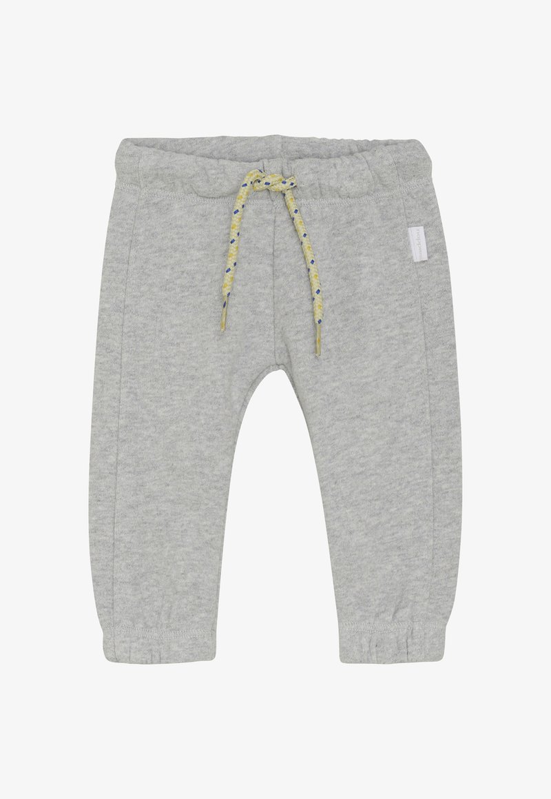 Lichtgrijze peuter sweatpants met elastische tailleband en gele trekkoord, elastische boorden en zijzakken.