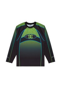Melna un zaļa acs auduma ilgu piedurkņu sporta krekls, ar gradienta dizainu, DC logo un kontrastējošām zila krāsas akcentiem.