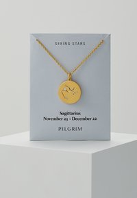 Goldener Sagittarius-Konstellation-Halskette auf einer grauen Karte, mit einem runden Anhänger mit sternenförmigen Akzenten und einer verbundenen Kette.