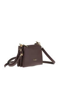Borsa a tracolla in pelle marrone con finiture dorate, scomparti multipli e tracolla regolabile.