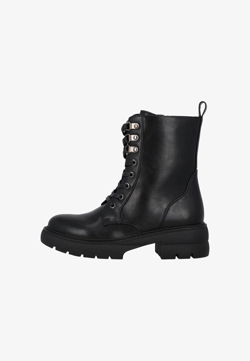 Botte de combat montante en cuir noir, avec fermeture à lacets, œillets métalliques, semelle épaisse et languette au talon.