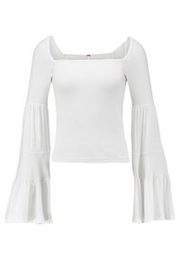 Top bianco a maniche lunghe con scollatura quadrata e maniche svasate, realizzato in un tessuto morbido; presenta volant sovrapposti alle estremità delle maniche.