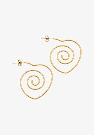 Øreringe i guldfarvet metal formet som spiraler med hjerteformede ydre løkker og bagerste lukninger med stift.