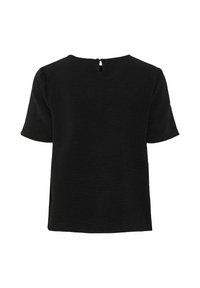 Top nero a maniche corte realizzato in tessuto testurizzato. Presenta un neckline leggermente arrotondato con un'apertura a forma di chiave sul retro e fessure laterali.