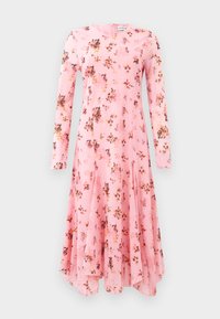Robe rose à manches longues avec une jupe fluide, présentant un petit motif floral dans des tons de marron et d'orange.