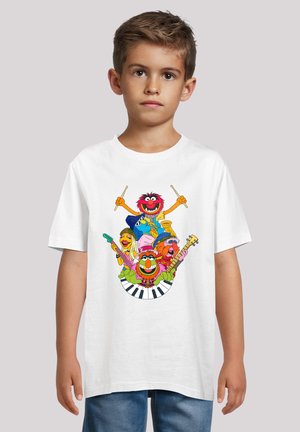 White cotton t-shirt featuring colorful graphic of cartoon characters playing instruments, including a drum, guitar, and piano.