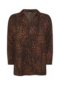 Blusa con stampa leopardata, colletto, chiusura con bottoni e maniche a tre quarti. Presenta un tessuto texture in tonalità di marrone e nero.