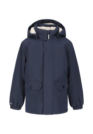 Veste d'hiver bleu marine avec capuche, fermeture éclair et boutons à l'avant, deux poches à rabat sur le devant et poignets élastiques, doublée en polaire blanche.
