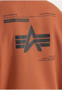 Hoodie boje hrđe s velikim crnim grafičkim dizajnom slova "A" sa prugama i tekstom marke. Mekani pamuk sa glatkom teksturom.