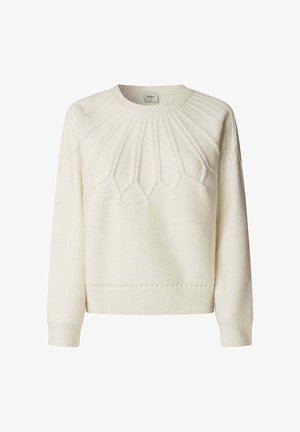 Bela pletena pulover s rebrastim okroglim ovratnikom, strukturiranimi rombnimi vzorci spredaj ter rebrastimi manšetami in obodom. Mehka volna in mešanica materialov.