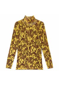Maglia a maniche lunghe con collo alto gialla con stampa floreale marrone. Presenta un design aderente e un tessuto strutturato. Ideale per stratificare e per un abbigliamento casual.