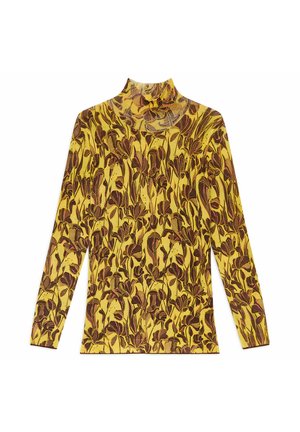 T-shirt à manches longues et col roulé jaune avec imprimé floral marron. Caractérisé par une coupe ajustée et un tissu texturé. Idéal pour le superposition et une tenue décontractée.