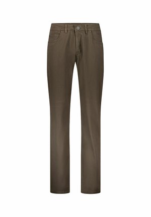 Brown straight-leg pants with front pockets, belt loops, and a button closure at the waist, displayed on a white background.