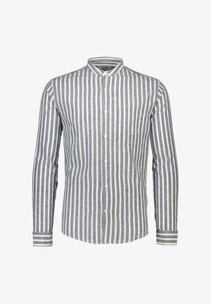 Camicia a maniche lunghe realizzata in tessuto a righe verticali blu e bianche, con colletto a bottoni e una tasca sul petto.