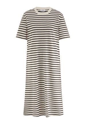 Gestreepte jurk met een beige basis en zwarte strepen, korte mouwen, ronde halslijn en een losse, knielange silhouet.
