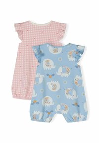 Dos bodies de bebé: uno en tela de cuadros rosa con mangas con volantes, el otro en azul con elefantes coloridos y acentos florales.