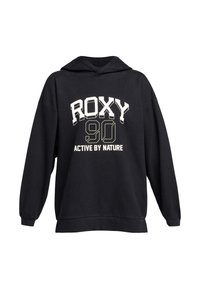 Schwarzer Hoodie mit weißem und hellgrauem Text "ROXY 90" und "ACTIVE BY NATURE". Hergestellt aus weichem Material mit einem lockeren Schnitt und langen Ärmeln.