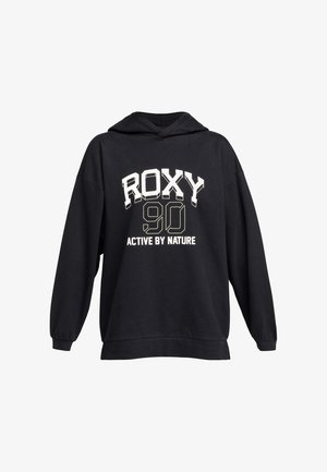 Black hoodie featuring "ROXY 90" and "ACTIVE BY NATURE" text in white and light grey. Made from soft fabric with a relaxed fit and long sleeves.