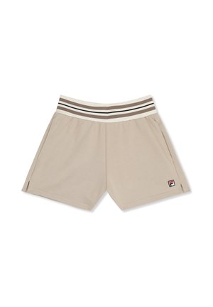 Shorts de sport beiges avec une ceinture élastique rayée, des poches latérales, un petit écusson logo sur la partie inférieure de la jambe gauche et de petites fentes latérales.