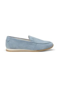 Light blue suede loafers featuring a slip-on design, rounded toe, and textured rubber sole with subtle stitching details.