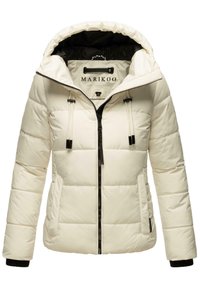 Padded cream jacket with a zip closure, adjustable hood, black accents, and side pockets. Smooth texture with a quilted design.