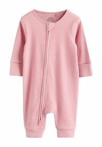 Svetloružové rebrované detské body s dlhými rukávmi, okrúhlym výstrihom a zipsom vpredu. Manžety a otvory na nohy sú priliehavé.
