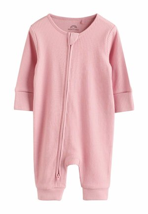 Šviesiai rožinis kūdikio smėlinukas su briaunomis, ilgomis rankovėmis, apvalia iškirpte ir priekinio užtrauktuko uždarymu. Rankogaliai ir kojų angos yra aptemptos.