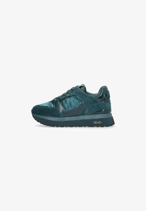 Baskets teal en matériaux mélangés de daim et de satin, avec un design à lacets, une semelle épaisse, et un logo doré "LIU·JO" sur le talon.