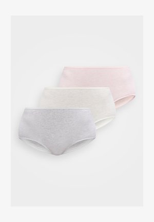 Tri dámske bavlnené nohavičky v jemnej ružovej, krémovej a svetlosivej farbe, usporiadané tak, že sa prekrývajú na jednoduchom bielom pozadí.