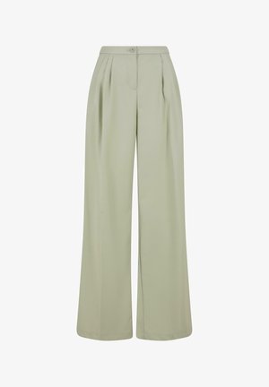 Lys rosa tettsittende topp med korte ermer, kombinert med høyt liv, løst sittende, lys grønne bukser med folder og sidelommer.