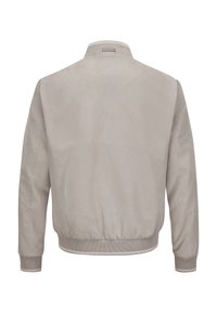 Hellbeige Bomberjacke aus weichem, glattem Material; verfügt über gerippte Bündchen und Saum, mit klassischem Kragen und ohne sichtbare Verschlüsse.