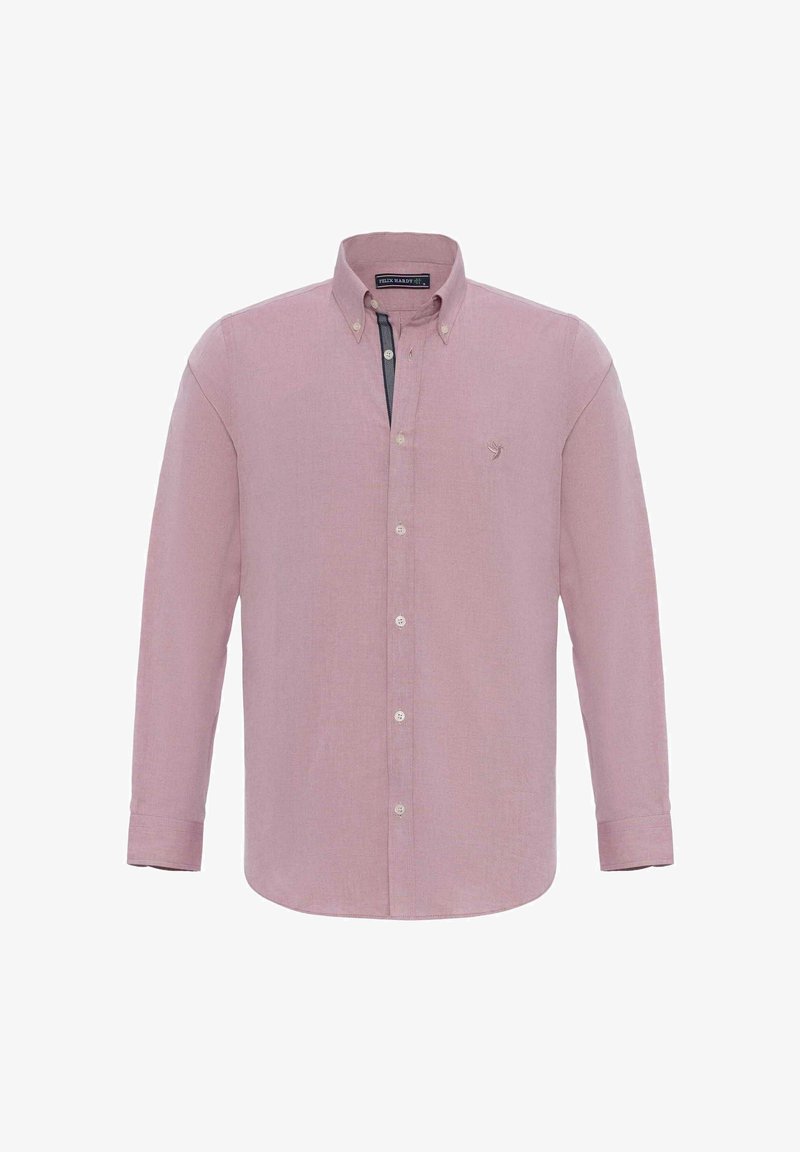 Heleroosa pika varrukaga särk nööpidega krae, millel on valged nööbid, peene tekstuur ja logo vasakul rindkere piirkonnas.