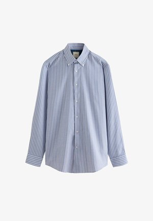 Blå och vit randig långärmad skjorta med knappar, featuring krage, mjukt tyg och rak fåll med knappdetaljer.