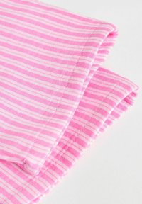 Pink striped fabric features alternating narrow and wide white stripes, smooth texture, and clean edges with visible stitching lines.