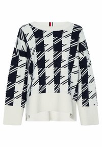 Gestrickter Pullover in Creme mit navyblauen und weißen geometrischen Mustern. Hat einen lockeren Schnitt, einen weiten Halsauschnitt und einen gerippten Saum mit seitlichen Schlitzen.