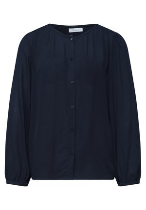 Granatowa bluzka z długim rękawem, okrągłym dekoltem, guzikami z przodu, delikatnym marszczeniem na ramionach i elastycznymi mankietami.